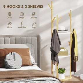 HOMCOM Cuier de Podea din Bambus în Formă de Copac cu 8 Cârlige și 3 Rafturi, 45x45x170 cm, Alb | Aosom Romania