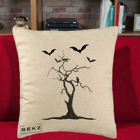 Perna Decorativa Halloween Copac cu Lilieci Alb-Negru, 40x40 cm, Bej, Husa Detasabila, Perna Inclusa, BEKZ®