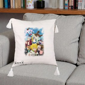 Perna Personalizata Nanatsu no Taizai Cele Sapte Pacate Mortale Anime, 40x40 cm, Bej cu Franjuri, Husa Detasabila, Perna Inclusa, BEKZ®