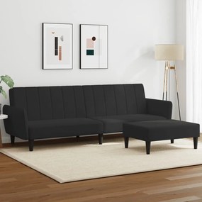 Canapea extensibila cu taburet, 2 locuri, negru, catifea