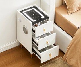 NOA1 - Set 2x Noptiere Smart, 30 cm, cu 3 sertare, LED, USB, Bluetooth, Incarcator Wireless, mobilier dormitor - Alb
