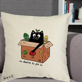 Perna Decorativa Pisica in Cutie No Desire to Fit In, 40x40 cm, Ecru, Husa Detasabila, Perna Inclusa, BEKZ®