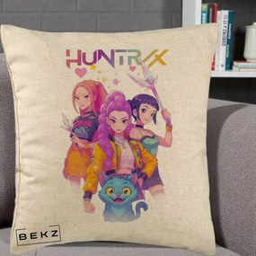Perna Personalizata K-pop HUNTRX Trio Foto cu Pisica, 40x40 cm, Bej, Husa Detasabila, Perna Inclusa, BEKZ®