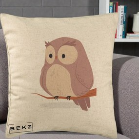 Perna Decorativa Bufnita Kawaii pe Creanga, 40x40 cm, Bej, Husa Detasabila, Perna Inclusa, BEKZ®