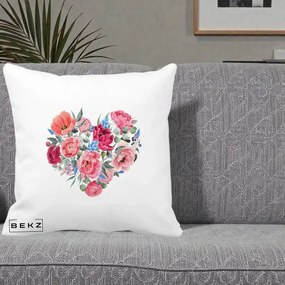 Perna Decorativa Inima din Bujori Acuarela, 40x40 cm, Alba Mata, Husa Detasabila, Perna Inclusa, BEKZ®