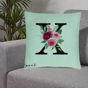 Cadou Personalizat - Perna Personalizata Monograma Florala Litera X cu Buchet, 40x40 cm, Verde Menta, Husa Detasabila, Perna Inclusa, BEKZ®