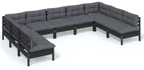 3097179 vidaXL Set mobilier grădină cu perne, 9 piese, negru, lemn masiv pin