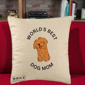 Cadou pentru Iubitorii de Caini - Perna Personalizata World's Best Dog Mom, 40x40 cm, Bej, Husa Detasabila, Perna Inclusa, BEKZ®