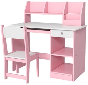 ZONEKIZ Birou copii cu scaun ergonomic cu sertar culisant pentru tastatură, nișe și rafturi deschise 90 x 45 x 90 cm roz | Aosom Romania