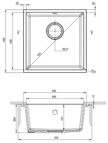 Chiuveta bucatarie compozit Deante Corda, montare sub blat, 44 cm, gri mat 440x440 mm, Gri mat