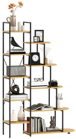 HOMCOM Raft Bibliotecă cu 10 Niveluri, Stil Industrial din PAL și Oțel, 111.5x32x170 cm, Negru și Lemn Natural | Aosom Romania