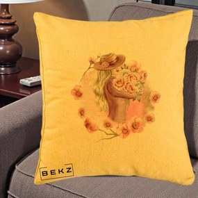 Perna Decorativa Femeie cu Flori Roz Acuarela, 40x40 cm, Galben, Husa Detasabila, Perna Inclusa, BEKZ®
