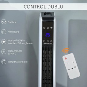 HOMCOM Încălzitor Electric Ceramic de 2200W cu 3 Moduri de Funcționare și Telecomandă, Alb | Aosom Romania