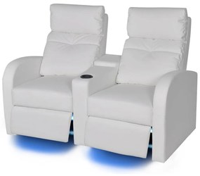243595 vidaXL Fotoliu rabatabil cu 2 locuri, LED piele artificială alb