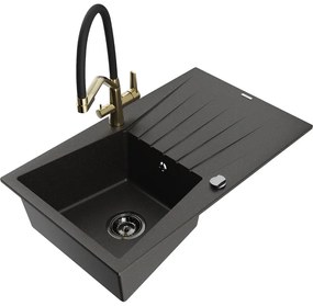 Mexen Cesar chiuvetă din granit cu scurgător și baterie bucătărie Duo, negru/auriu metalic - 6514-75-671701-57-B