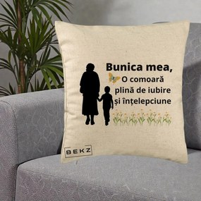 Cadou pentru Bunica - Perna Personalizata Bunica Mea Comoara cu Fluture si Baietel, 40x40 cm, Bej, Husa Detasabila, Perna Inclusa, BEKZ®