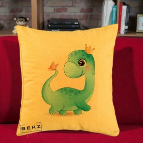 Perna Personalizata Dinozaur Bland Coroana Kawaii, 40x40 cm, Galben, Husa Detasabila, Perna Inclusa, BEKZ®