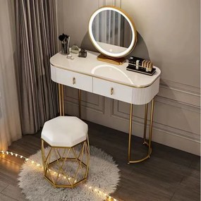 RESIGILAT Set Lisa, Masă de toaletă pentru machiaj cu oglindă iluminată LED, control touch, sertar, taburet tapitat, Alb, 100x40x75 cm,