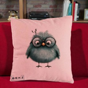 Perna Decorativa Pui Teal cu Ochelari Rotunzi, 40x40 cm, Roz, Husa Detasabila, Perna Inclusa, BEKZ®