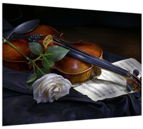 Tablou pe sticlă - Trandafiri și vioară (70x50 cm)