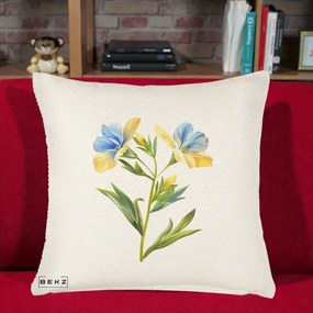 Perna Decorativa Botanica Frezie Galbena si Albastra, 40x40 cm, Crem Reliefat, Husa Detasabila, Perna Inclusa, BEKZ®