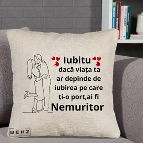Cadou pentru Iubit - Perna Personalizata Iubitu Nemuritor cu Cuplu Line-Art si Inimi Rosii, 40x40 cm, Bej Canapea, Husa Detasabila, Perna Inclusa, BEKZ®