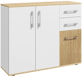 HOMCOM Bufet de Bucătarie cu 2 Sertare 2 Dulapuri și Rafturi Ajustabile pentru Sufragerie 90x30x75,5 cm Alb și Natural | Aosom Romania