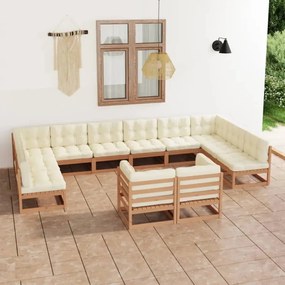 3077277 vidaXL Set mobilier grădină cu perne, 12 piese, maro, lemn masiv pin