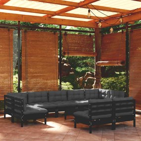 3097209 vidaXL Set mobilier de grădină cu perne 10 piese negru lemn masiv pin