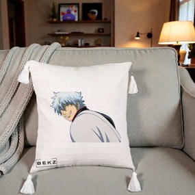Perna Personalizata Gintama Gintoki Portret cu Zambet, 40x40 cm, Bej cu Franjuri, Husa Detasabila, Perna Inclusa, BEKZ®