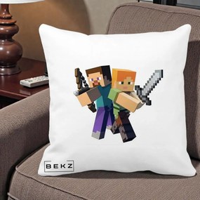 Perna Personalizata Minecraft Steve si Alex, 40x40 cm, Alba Mata, Husa Detasabila, Perna Inclusa, BEKZ®