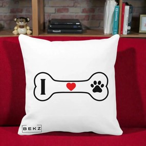 Perna Personalizata I Love Dog Os si Labuta, 40x40 cm, Alba Mata, Husa Detasabila, Perna Inclusa, BEKZ®