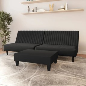 Canapea extensibilă cu taburet, 2 locuri, negru, catifea