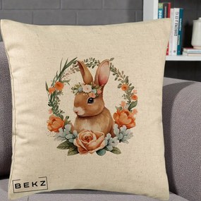Perna Decorativa Iepuras Floral Coronita Acuarela, 40x40 cm, Bej, Husa Detasabila, Perna Inclusa, BEKZ®
