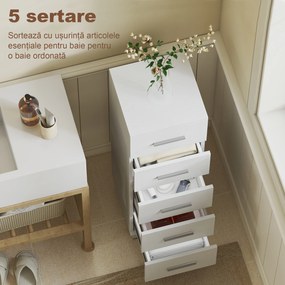 HOMCOM Comodă Slim cu 5 Sertare, Comodă Modernă pentru Baie, Dormitor sau Bucătărie, 30x30x95 cm, Alb | Aosom Romania