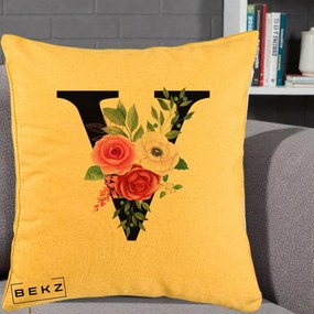 Cadou Personalizat - Perna Personalizata Monograma Florala Litera V cu Buchet, 40x40 cm, Galben, Husa Detasabila, Perna Inclusa, BEKZ®