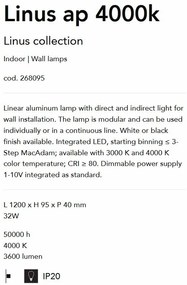 Aplica perete LED liniara 120cm ambientala LINUS AP 4000K WH