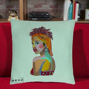 Perna Decorativa Portret Femeie Colorat Pop Art, 40x40 cm, Verde Menta, Husa Detasabila, Perna Inclusa, BEKZ®
