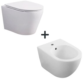 Set vas wc suspendat rimless cu capac inclus si bideu semirotund, alb, Foglia Oslo