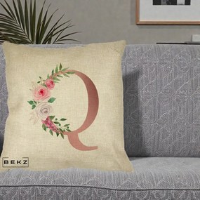 Cadou Personalizat - Perna Personalizata Monograma Rose Gold Litera Q, 40x40 cm, Crem, Husa Detasabila, Perna Inclusa, BEKZ®