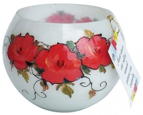 Vaza decorativa, sticla pictata manual , alb, model trandafiri, 14 x 10 cm
