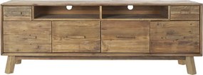 Comodă TV living din lemn reciclat, natur, cu 4 uși, 2 sertare, 2 nișe deschise și picioare oblice, finisaj antichizat, 65 x 180 x 48 cm, „Aubeline”