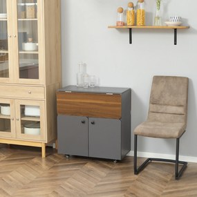 HOMCOM Masă Pliabilă cu Dulap, două părți pliabile la masă, dulap cu rafturi, 4 roți, Gri deschis+Maro închis, 70 x 83 x 75cm | Aosom Romania