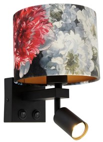 Aplică neagră cu lampă de citit și abajur 18 cm floral - Brescia