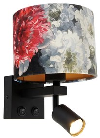 Aplică neagră cu lampă de citit și abajur 18 cm flori - Brescia