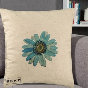 Perna Decorativa Floare Margareta Albastra Acuarela, 40x40 cm, Bej, Husa Detasabila, Perna Inclusa, BEKZ®