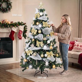 HOMCOM Brad de Crăciun 180cm cu 200 LED-uri Alb Cald, 8 Moduri, 800 Ramuri Ignifuge, Globuri, Panglici, Funde | Aosom Romania
