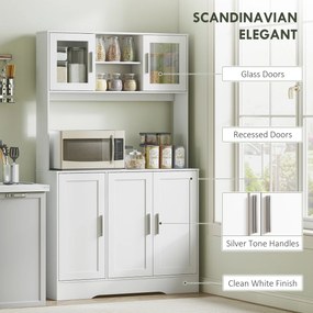 HOMCOM Dulap Bucătărie de 180cm, Dulap Înalt cu 4 Compartimente, Uși din Sticlă Securizată, 2 Rafturi Deschise, Rafturi Reglabile, Blat pentru Electrocasnice, pentru Bucătărie sau Living, Alb | Aosom Romania