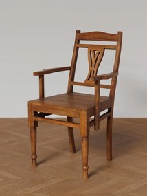 Scaun dining cu brațe din lemn de mango, maro, cu spătar traforat și picioare strunjite, 96 x 48 x 47 cm, „Capella”
