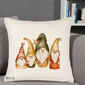 Perna Decorativa Gnomi de Craciun Patru, 40x40 cm, Crem Reliefat, Husa Detasabila, Perna Inclusa, BEKZ®